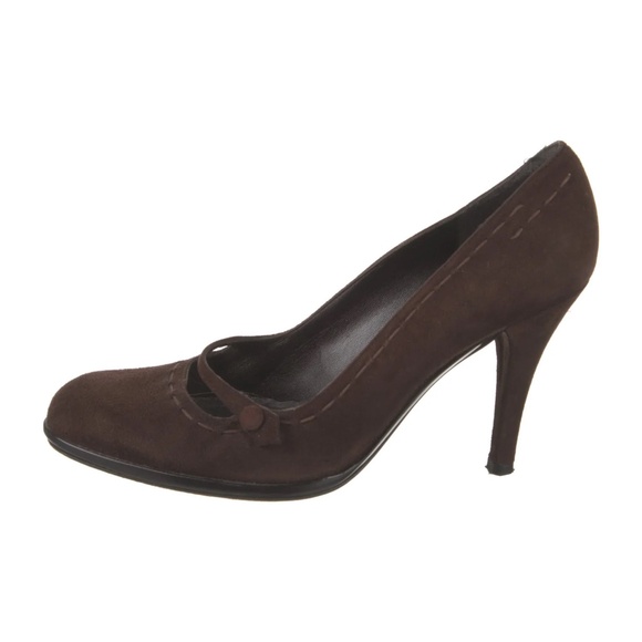 Stuart Weitzman Brown Suede Heels Original Designer Brown Stitching Strap/Button - Picture 5 of 11